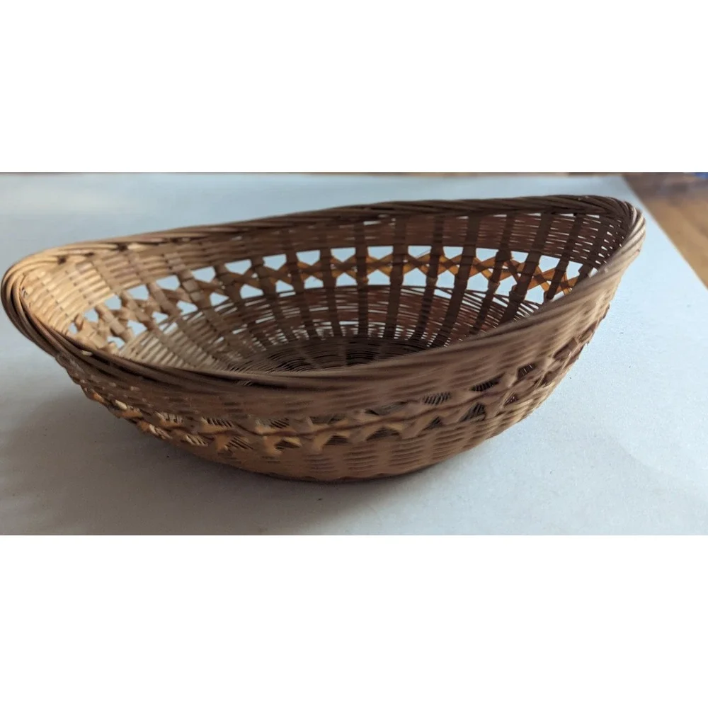 Vintage Woven Bamboo Oval Basket Bowl Lattice Weave Natural Brown China 8.5in